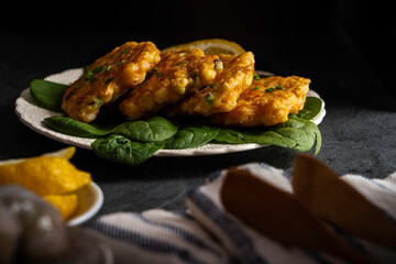 Shrimp and scallion "jeon," a Korean savory pancake or fritter popular as an appetizer. Fish, meat, and vegetables are added to a batter and pan-fried.