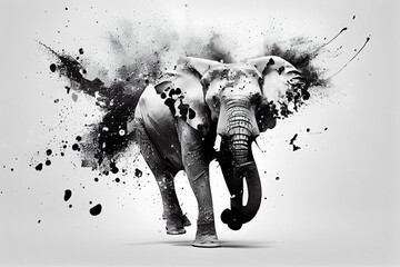 Abstraktes schwarz weißes Elefanten Kunstwerk mit Farbspritzer isoliert auf weißen Hintergrund. Perfektes Wandbild - Generative Ai - obrazy, fototapety, plakaty