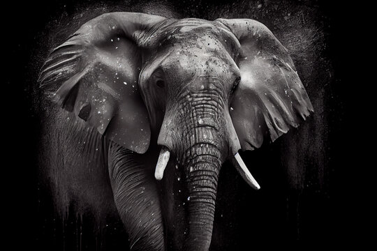 Abstraktes schwarz weißes Elefanten Kunstwerk mit Farbspritzer. Perfektes Wandbild - Generative Ai