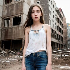The surviving teenage girl in war or eartquake. She stands on the street of a ruined city. The atmosphere of tragedy. Generative AI