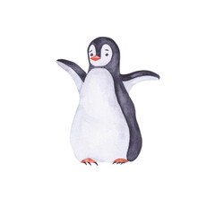 Penguin watercolor illustration isolated on white background. Northern sea element. Hand and drawn clipart for stickers, baby shower, cards, clothes, fabrics.