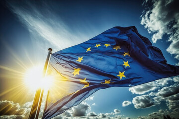 European Union flag developing against the background of the sky and the sun. Created with Generative AI technology. - obrazy, fototapety, plakaty