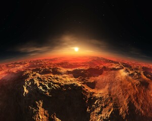 Obraz na płótnie Canvas Martian landscape, sunset on Mars, Mars at sunrise, panorama of Mars, the face of Mars, 3D rendering