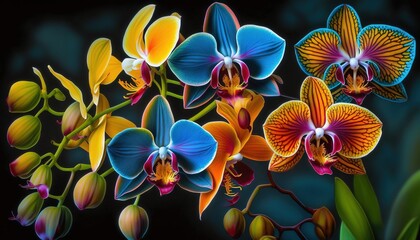  a painting of a bunch of colorful flowers on a black background with a black background and a black background with a black background and a black background with a blue border.