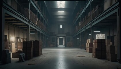  a large warehouse with a lot of boxes on the floor and a light coming from the window above the door that is lit by a lamp.