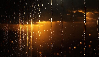  rain drops on a window as the sun sets in the distance in the distance is a dark sky with clouds and a yellow light shining through the window.