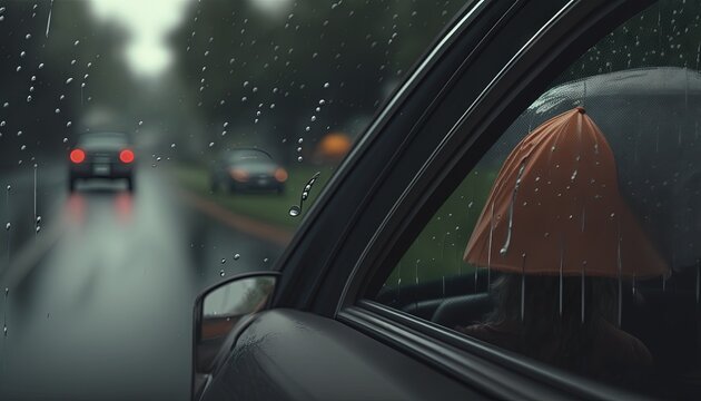  A Woman In A Car With An Umbrella On A Rainy Day In The Rain, Looking Out The Window At A Red Car Driving Down The Road.