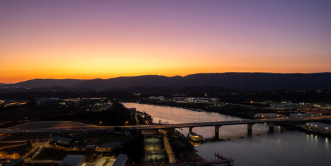 Aerial view of sunset over Tennessee River over Downtown Chattanooga