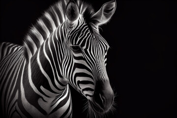 Fototapeta na wymiar Schwarz weiß Portrait von einem Zebra. Perfektes afrikanisches Wandbild - Generative Ai