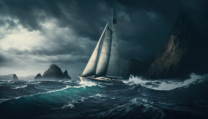 Fototapeta na wymiar a sailboat in a stormy sea with a mountain in the background and a dark sky above it, with a few clouds in the sky.