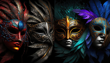 Disguise mardi gras bautiful venetian maks with feathers, Generative AI carnival festival background