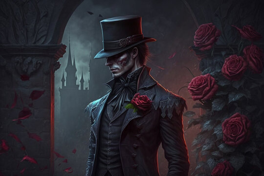Vampire And Roses, In Top Hat, Count Dracula, On The Background Of The Castle, Cartoon Style, Generative AI