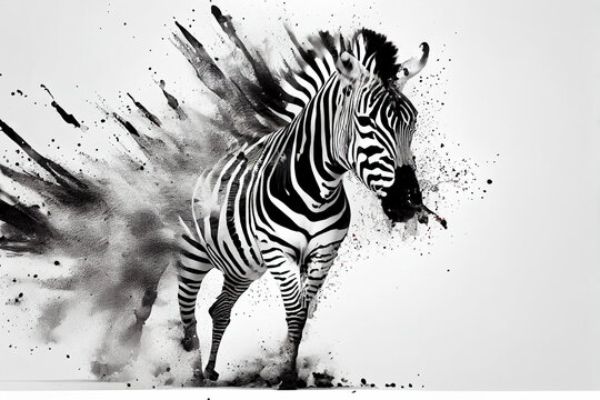 Abstraktes schwarz weißes Zebra Kunstwerk mit Farbspritzer isoliert auf weißen Hintergrund. Perfektes Wandbild - Generative Ai