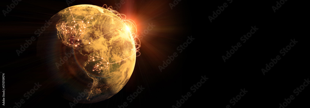 Wall mural globalization and communication concept. earth and luminous rays. 3d rendering