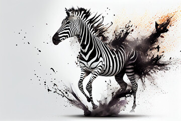 Fototapeta na wymiar Abstraktes schwarz weißes Zebra Kunstwerk mit Farbspritzer isoliert auf weißen Hintergrund. Perfektes Wandbild - Generative Ai