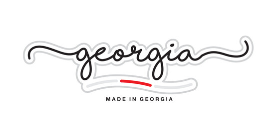 Obraz na płótnie Canvas Made in Georgia, new modern handwritten typography calligraphic logo sticker, abstract Georgia flag ribbon banner