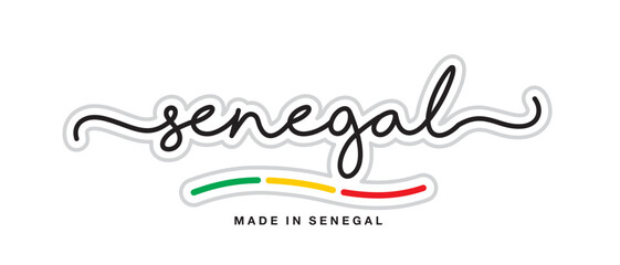 Made in Senegal, new modern handwritten typography calligraphic logo sticker, abstract Senegal flag ribbon banner - obrazy, fototapety, plakaty