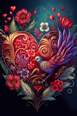 Beautiful red ornate heart with flowers, leaves and a bird, blue background, love, valentine, fantasy illustration, vertical, Generative AI