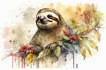 cartoon of a cute sloth in style of aquarelle, ai generated