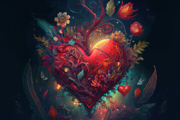 Beautiful fantasy red heart with flowers, glowing dark background, love, valentine, illustration, Generative AI