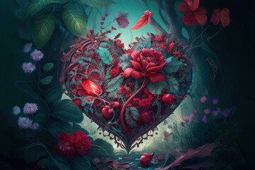 Fantasy heart with red flowers, green forest background, love, valentine, illustration, Generative AI