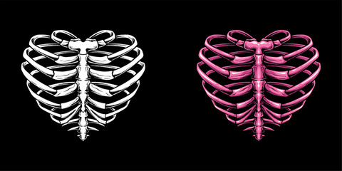 Rib cage skeleton with a love heart shape, a one-of-a-kind illustration that will captivate and inspire. Bold
combines the edgy and alternative feel of a skeleton with the timeless symbol of love - obrazy, fototapety, plakaty