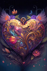 Beautiful violet gilted heart with flowers, love, valentine, fantasy illustration, vertical, Generative AI