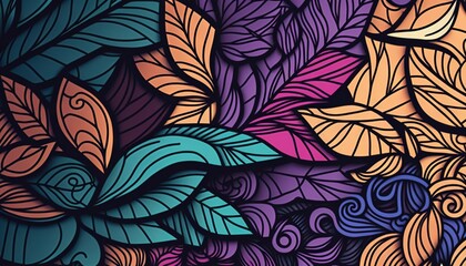  a painting of a bunch of leaves on a purple background with blue, orange, and pink colors on it's sides and bottom half of the image.  generative ai