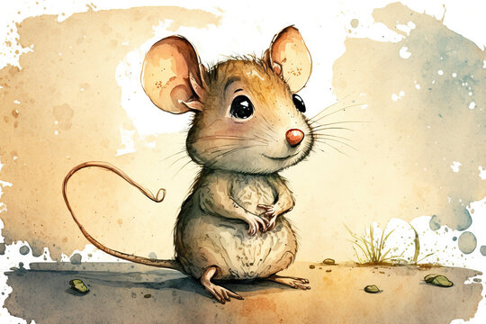 cartoon of a cute mouse in style of aquarelle, ai generated