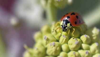  a ladybug sitting on top of a bunch of green bananas on a tree branch in a blurry photo of the fruit in the foreground.  generative ai