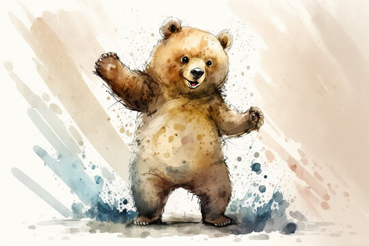 cartoon of a cute happy bear in style of aquarelle, ai generated