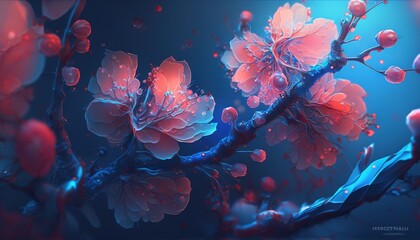  a painting of a branch with pink flowers and drops of water on it and a blue background with a blue background and a blue background.  generative ai