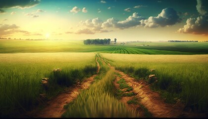  a green field with a dirt road in the middle of it and a sunset in the background with clouds in the sky and a green field with a dirt path.  generative ai