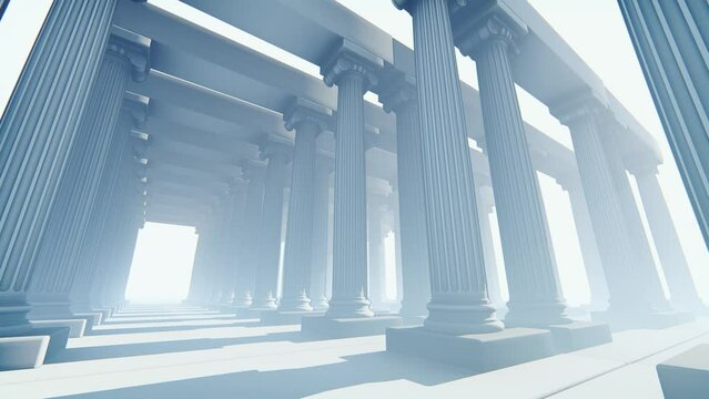 Movement through the temple consisting of white Roman columns