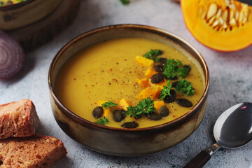 Bowls served with seasonal pumpkin soup