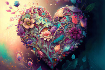 Beautiful fantasy heart with colorful flowers and leaves, love, valentine, illustration, Generative AI