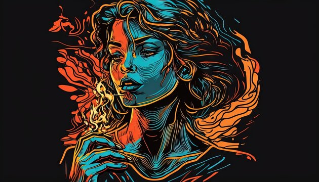  a woman with a cigarette in her hand and a flower in her mouth, with a black background, is depicted in this artistic illustration.  generative ai