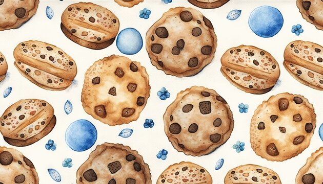  a painting of chocolate chip cookies and eggs on a white background with blue and brown spots on the edges of the cookies and eggs on the bottom of the cookies.  generative ai