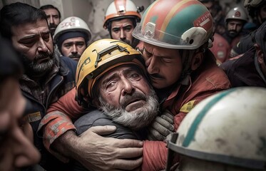 rescue team working hard, embrace hug each other, idea for support earthquake devastation , especially Turkey and Syria earthquake, Generative Ai