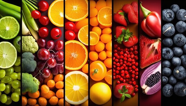  a collage of different fruits and vegetables with a black background and a red stripe in the middle of the image with the same color scheme.  generative ai