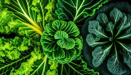  a group of green leafy vegetables on a black background, top view, from above, with a place for text or image to be added.  generative ai
