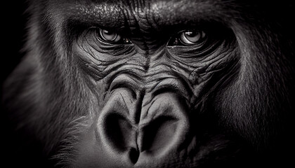 schwarz / weiß Nahaufnahme von dem Gesicht eines Gorillas. Perfektes Tier Wandbild- Generative Ai
