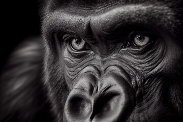Obraz premium schwarz / weiß Nahaufnahme von dem Gesicht eines Gorillas. Perfektes Tier Wandbild- Generative Ai