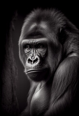 Fototapeta na wymiar Schwarz weiß Portrait von einem Gorilla. Perfektes Wandbild - Generative Ai