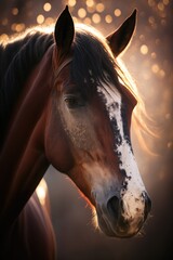 Beautiful brown horse in the sunset portrait, bokeh background
