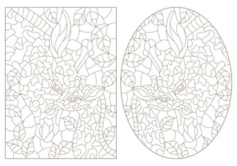 A set of contour illustrations in the style of stained glass with giraffes on a background of leaves, dark contours on a white background