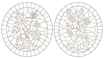 Set contour illustrations of stained glass with autumn still life, tree branches in vases and fruit, oval images