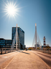 Street view with University bridge and the old lighthouse from 1878 in Malmo, Sweden.
