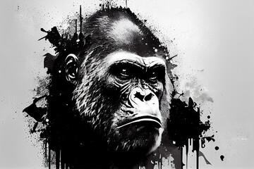 Abstraktes schwarz weißes Gorilla Kunstwerk mit Farbspritzer. Perfektes Wandbild - Generative Ai