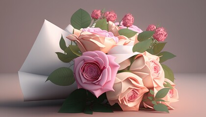  a bouquet of pink roses sitting on top of a white paper bag with leaves on top of the paper and pink flowers on top of the paper.  generative ai